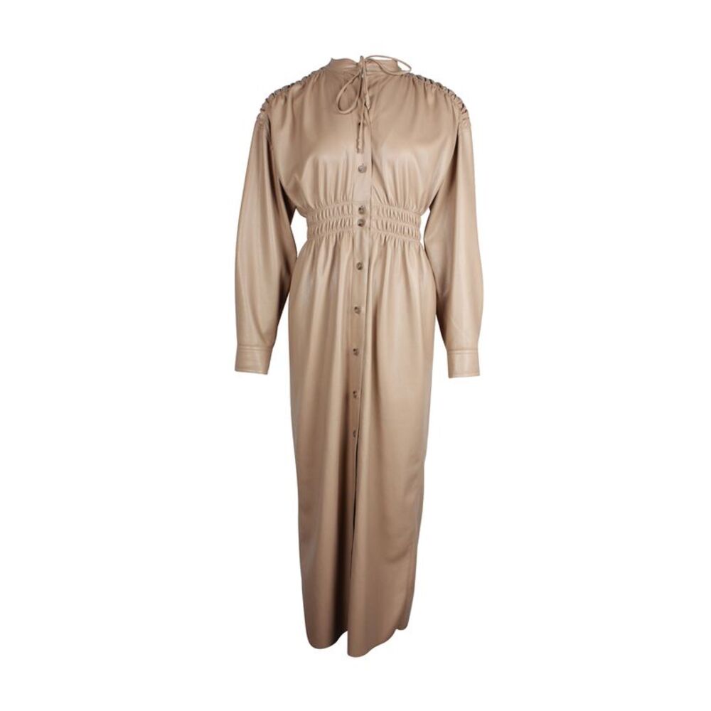 Nanushka Jayce Ruched Midi Dress in Light Brown Faux Leather